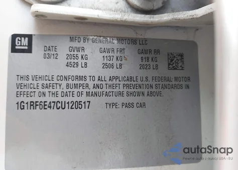 2012 Chevrolet Volt из США, поврежденный, VIN 1G1RF6E47CU120517